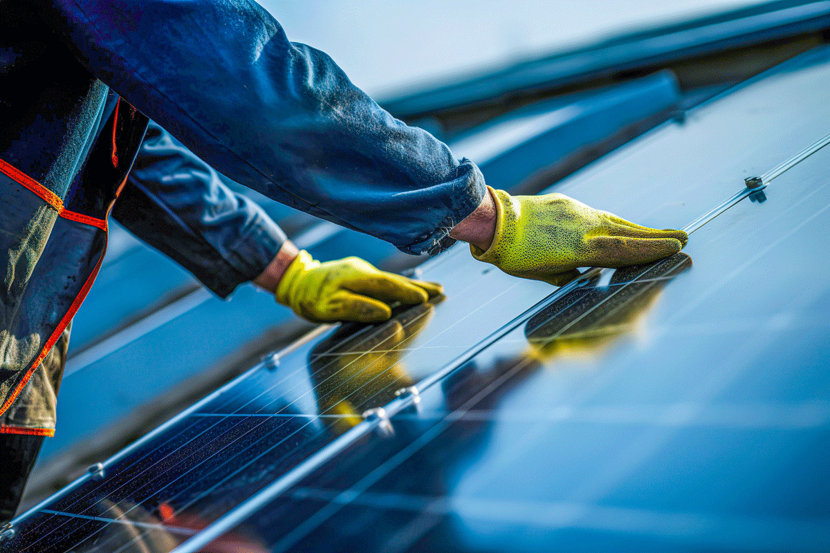 Twee handen in gele handschoenen installeren zonnepanelen op het dak van een magazijn